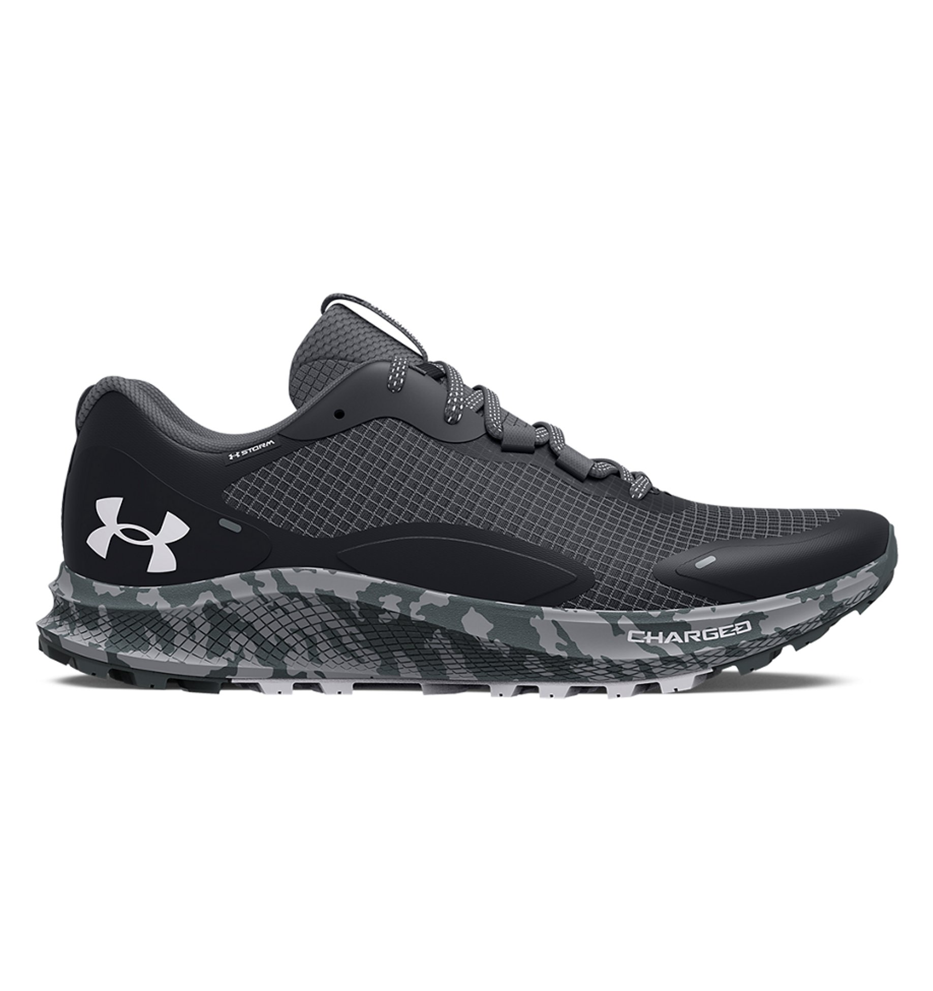 Under Armour Men's UA Charged Bandit Trail 2 Running Shoes in black and grey, designed for trail running with superior cushioning and grip.